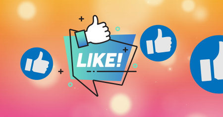 Image of social media reactions over yellow and red background with lights. communication, social...