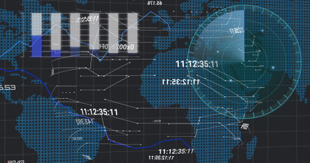 Image of data processing over black background. Global business and digital interface concept...