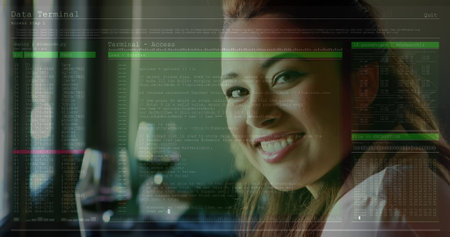 Image of data processing against portrait of caucasian woman with wine glass smiling at the bar....
