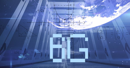 Image of 6g text and maths calculations over computer server room. Global communication, research, data and network concept digitally generated image.の写真素材
