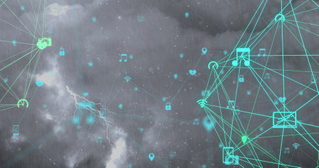 Image of network of connections with icons over globe. Global connections business networks and data processing concept digitally generated image.の写真素材