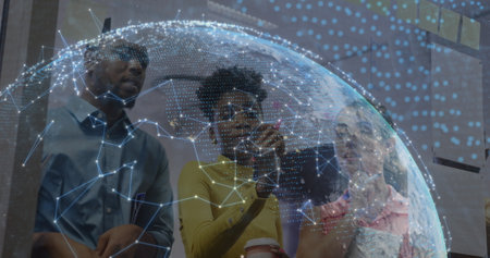Image of network of connections and globe over diverse business people in office. Global business,...