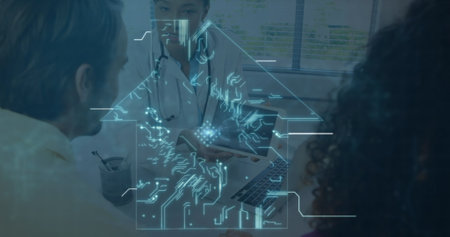 Image of data processing over african american female doctor with patients. Global medicine and...