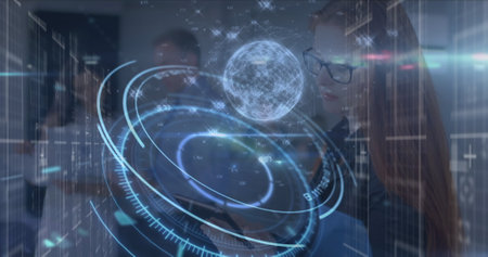 Image of lights and processing circle with globe over caucasian female doctor. Health, medicine and...