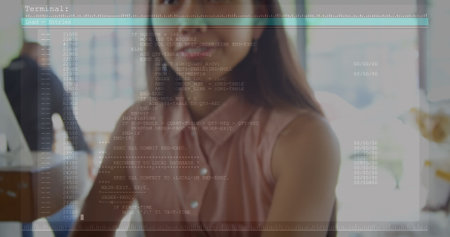 Image of digital interface over biracial women using smartwatch. Global connections, data processing and digital interface concept digitally generated image.の写真素材