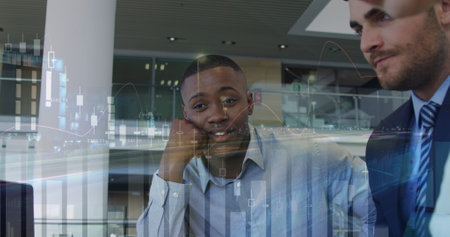 Statistical data processing against group of diverse businessman discussing at office. business data and analytics conceptの写真素材