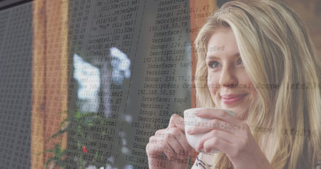 Image of digital interface over biracial women drinking coffee. Global connections, data processing...
