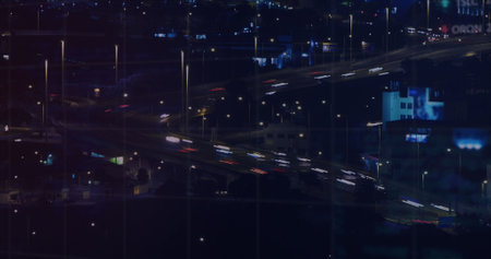 Image of financial data processing over cityscape. global finances, business and data processing concept digitally generated image.の写真素材