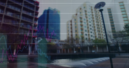 Image of financial data processing over cityscape. global finances, business and data processing concept digitally generated image.の写真素材