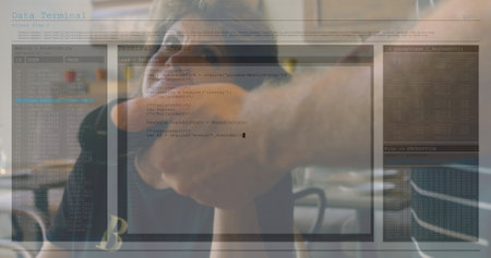 Image of data processing against caucasian senior woman making payment by credit card at cafe....