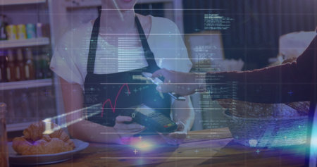Image of digital data processing over people using a payment terminal. Global financial,...