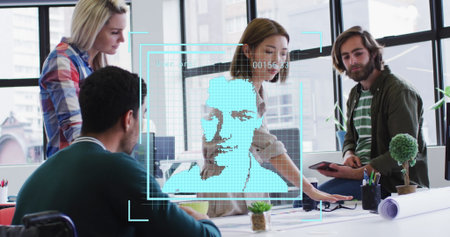 Image of people icons over diverse business people at meeting. Global business and digital interface...