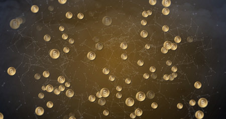Image of network of connections with bitcoin symbol over sky with clouds and lightning. Global...