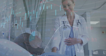 Image of graphs and trading board over diverse examining and talking with patient in hospital....