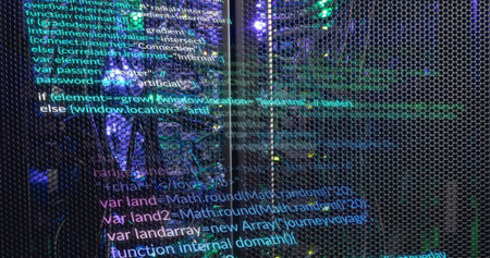 Image of multicolored computer language over illuminated data server system. Digital composite,...