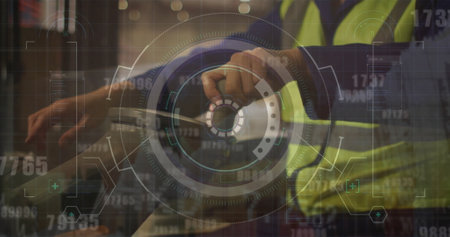 Image of statistic charts over african american male worker in warehouse. Global finance, statistics, computing and data processing concept digitally generated image.の写真素材