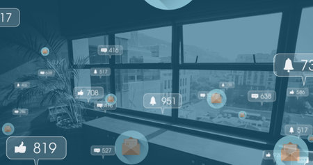Image of social media icons with numbers over cityscape. global transport, technology and digital...
