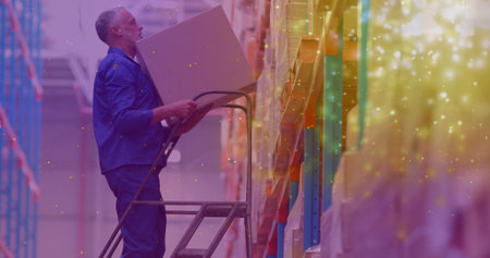 Image of glowing spots of light over caucasian man carrying box working in warehouse,. global...