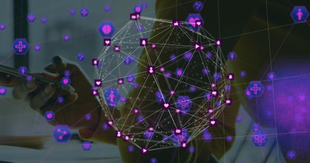 Image of media icons over biracial businesswoman using smartphone. Global business and digital interface concept digitally generated image.の写真素材