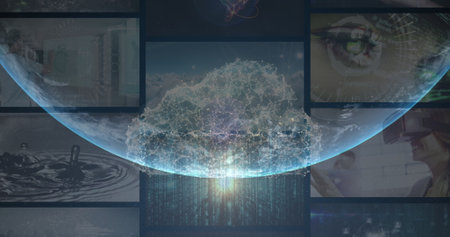 Image of data processing over globe. Global business and digital interface concept digitally generated image.の写真素材