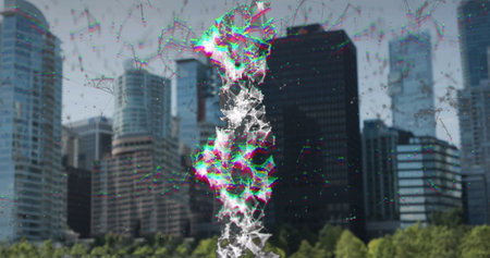 Composite image of network of connections floating against tall buildings in background. Global networking and technology conceptの写真素材