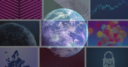 Image of digital screens over globe. Global business and digital interface concept digitally generated image.の写真素材
