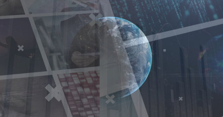 Image of globe rotating over data on screens. Global network, data processing, finance and technology concept digitally generated image.の写真素材