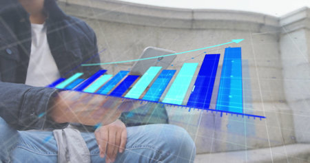 Image of financial data processing over biracial man using smartphone. Global finance, business,...