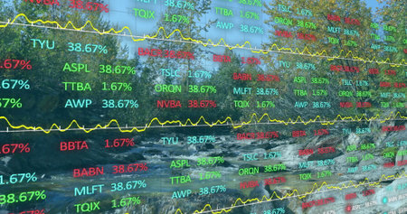 Image of stock market and diagrams over landscape. Global business, nature and digital interface...