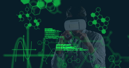 Image of scientific data processing over businessman wearing vr headset. business, science,...