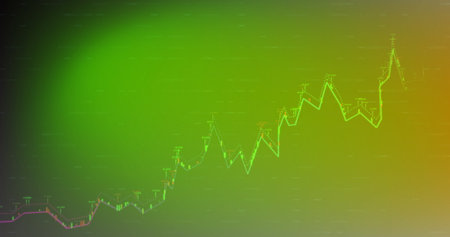 Image of financial data processing over green background. Global business, connections, computing...