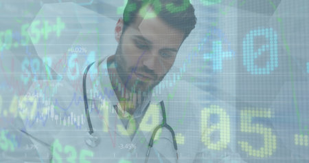 Image of financial data over caucasian male doctor making notes. health, medical profession, finance...