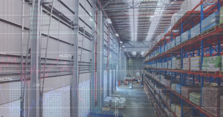 Image of statistics and data processing over warehouse. global shipping, business and data...