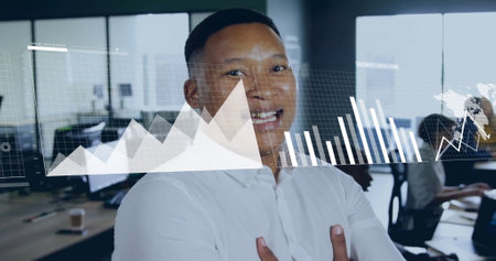 Image of financial data processing over african american businessman in office. Global business,...