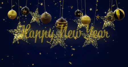 Image of happy new year text with baubles and stars hanging on blue background. Digital composite,...