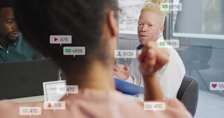 Image of notification bars over diverse coworkers discussing reports in meeting at office. Digital...