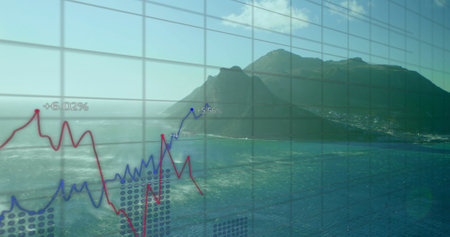 Image of data processing and diagrams over landscape. Global business, nature and digital interface...