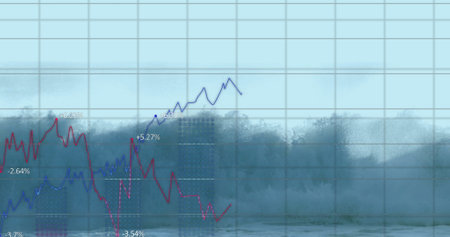 Image of data processing and diagrams over sea waves. Global business, nature and digital interface concept, digitally generated image.の写真素材