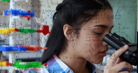 Image of mathematical formulae over student using microscope. education, childhood, creativity,...
