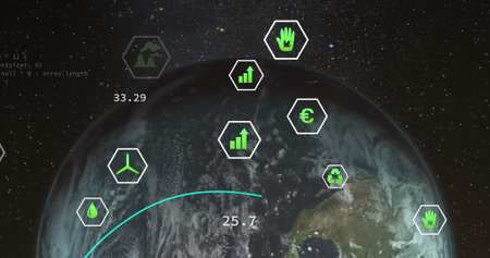 Image of network of eco and environmentally friendly icons over globe. global networks, environment...