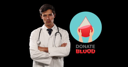 Image of donate blood text with caucasian male doctor on black background. blood donation, medicine and healthcare concept digitally generated image.の写真素材