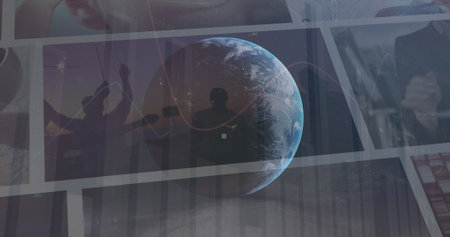 Image of globe rotating over data on screens. Global network, data processing, finance and technology concept digitally generated image.の写真素材