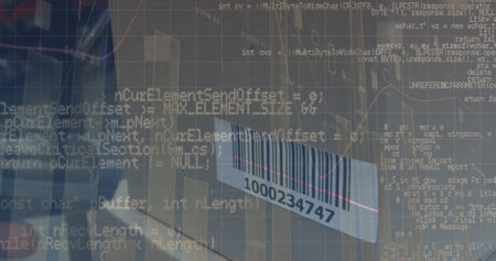 Image of financial data processing over moving cogs. Global technology and data processing concept digitally generated image.の写真素材