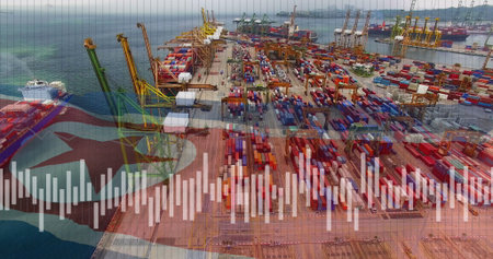 Image of diagrams, data processing and flag of north korea over port. Global business, patriotism...
