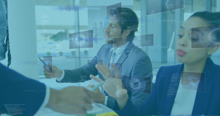 Image of diverse data on digital screen over diverse businesspeople having meeting. Business,...