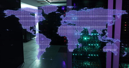 Image of glitch effect over world map against computer server room. Global networking and business...