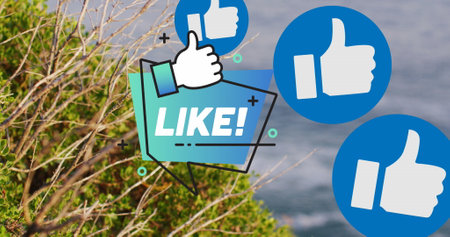 Image of social media icons and grass with sea landscape. Global social media, communication and connections concept digitally generated image.の写真素材