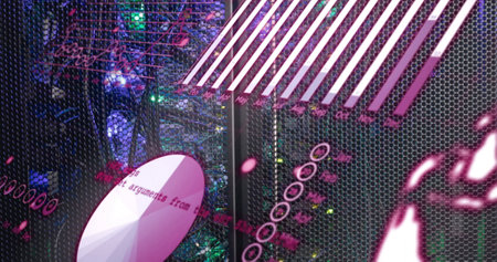 Image of graph, globe and computer language over illuminated data server system. Digital composite,...