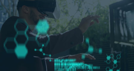Image of human brains spinning and data processing over man wearing vr headset. business, science,...
