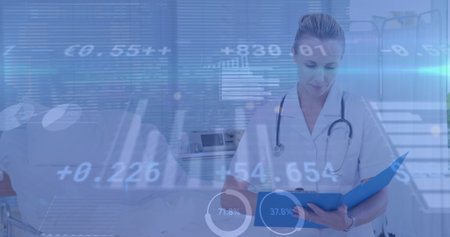 Image of financial data over caucasian female doctor making notes. health, medical profession,...
